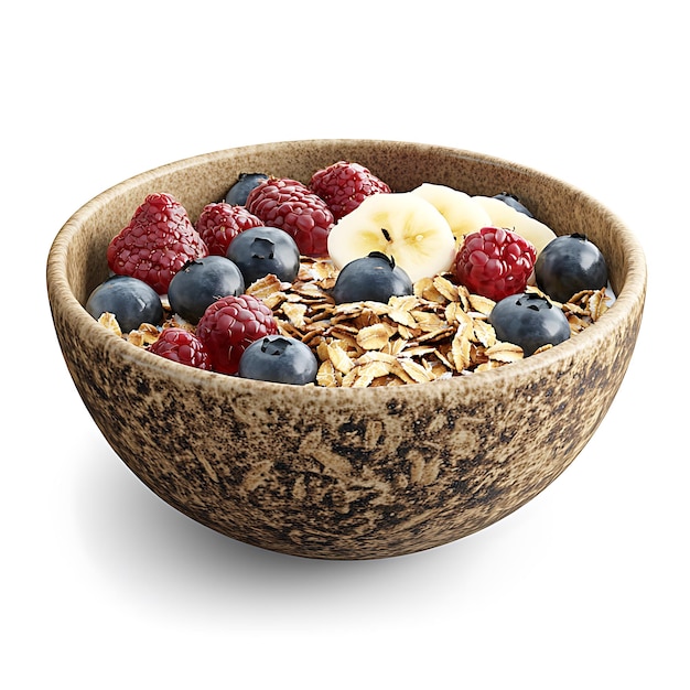 Rustic bowl with granola milk and berries on a white background