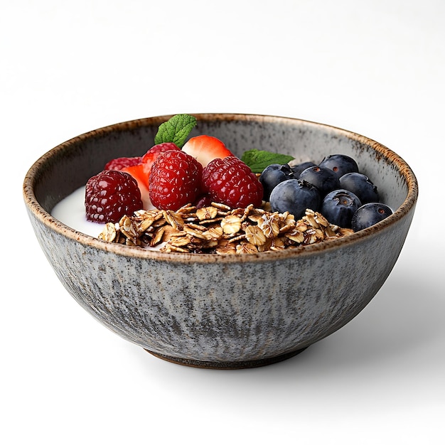 Rustic bowl with granola milk and berries on a white background