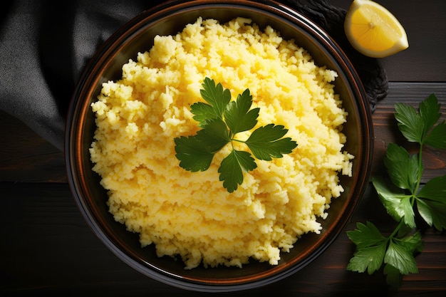 Rustic Brazilian kuskus corn porridge on a wooden background