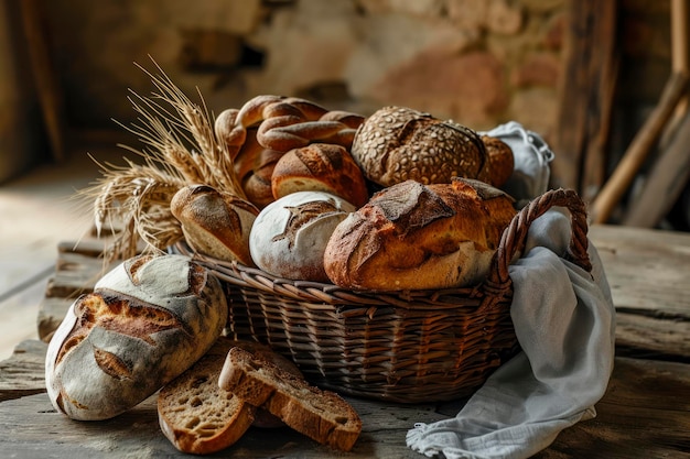 Rustic bread basket an inviting scene of a rustic bread basket filled with an assortment