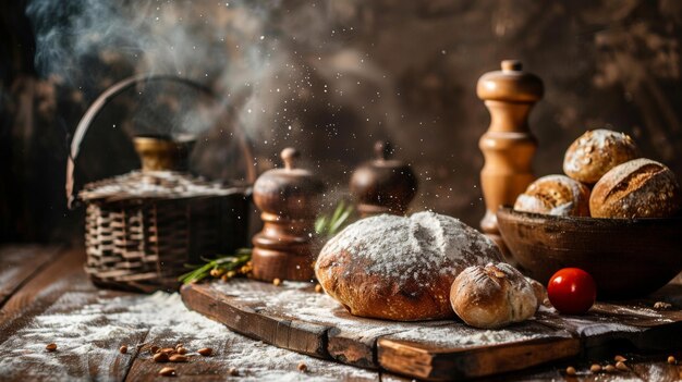 Photo rustic bread and ingredients on wooden table