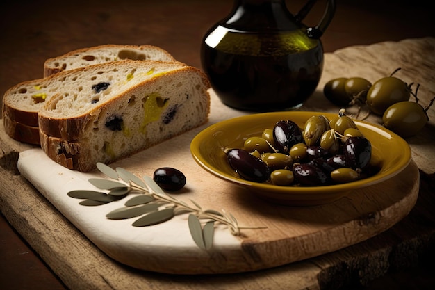 Rustic bread and olive platter on a wooden cutting board Generative AI