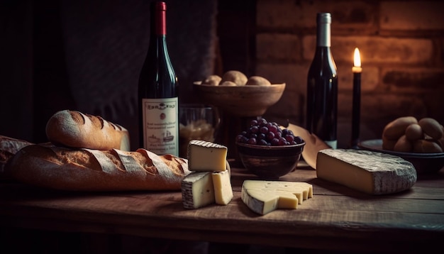 Rustic bread wine and cheese on table generated by AI