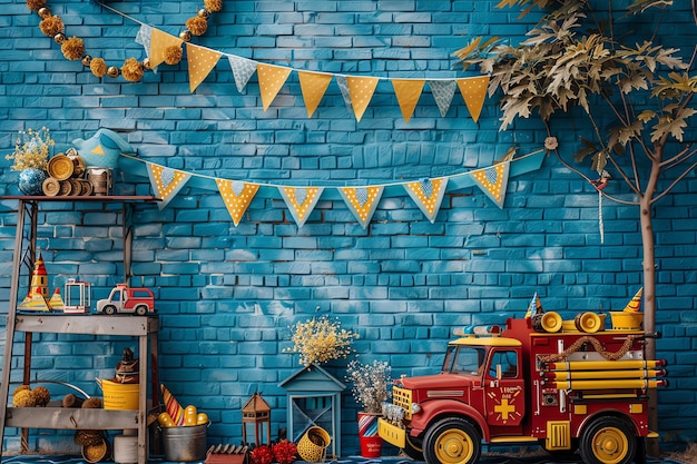 rustic brick wall with red firetruck with yellow helmet and fire decor birthday