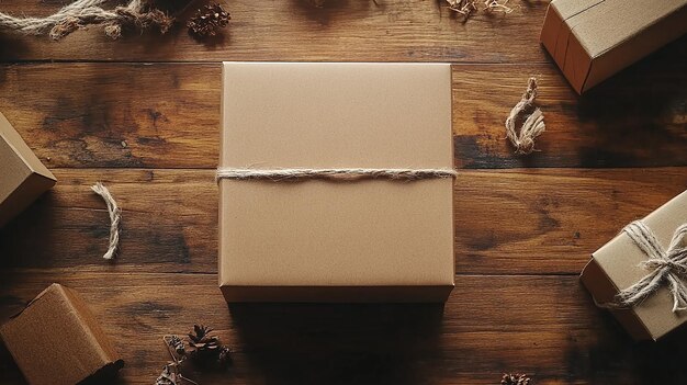 Photo a rustic brown gift box tied with twine surrounded by other wrapped gifts and natural elements on a wooden table