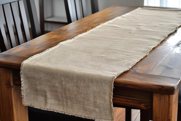 Photo rustic burlap table runner on wooden table