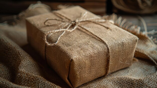 Photo rustic burlap wrapped gift box with twine on jute fabric for natural ecofriendly decor