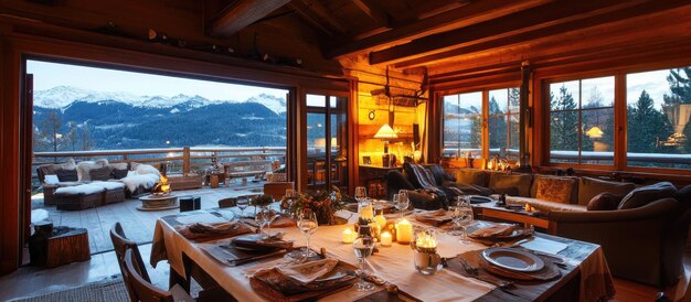 Photo rustic cabin dining room with mountain view