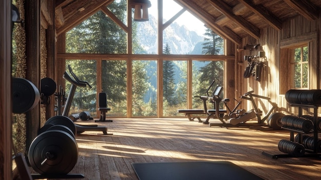 Photo a rustic cabin gym with mountain views