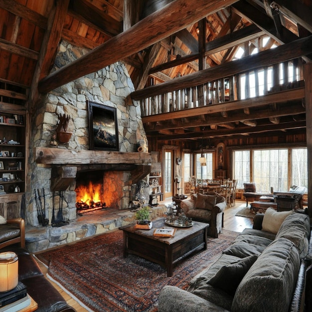 A rustic cabin interior with exposed wooden beams and a stone fireplace