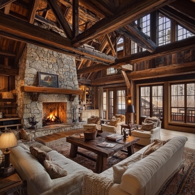 A rustic cabin interior with exposed wooden beams and a stone fireplace