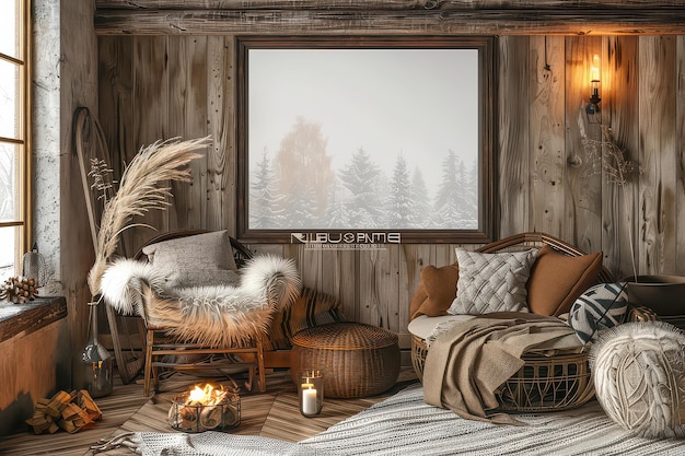 A rustic cabin interior with a large window overlooking a snowy winter forest