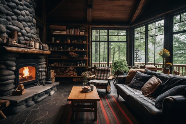 Photo a rustic cabin living room with log furniture a stone f