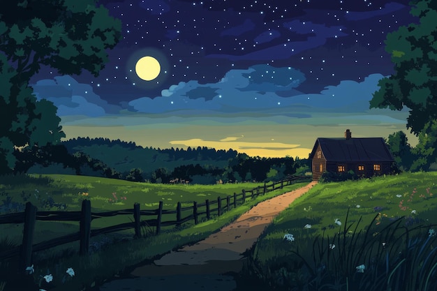 A rustic cabin sits nestled in a moonlit meadow a path leading through a wooden fence toward