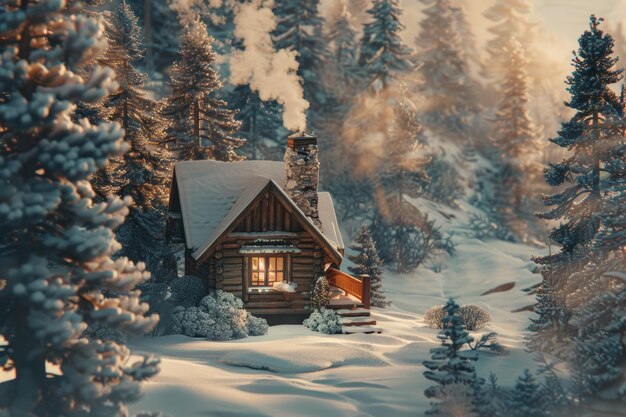 Rustic Cabin in Snowy Forest with Chimney Smoke Winter Retreat Scene for Print Card Poster