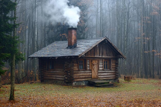 A rustic cabin in woods with smoke rising from chimney evokes cozy atmosphere