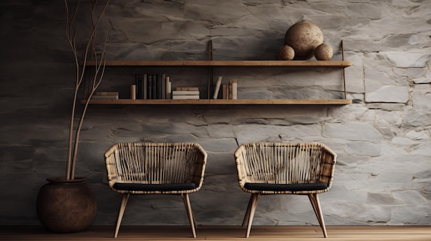 Rustic Cabincore Two Chairs In Front Of A Stone Wall With Bookshelf