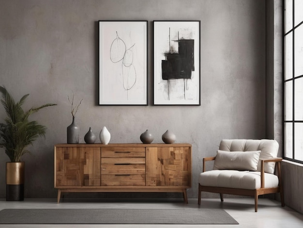 Rustic cabinet near sofa against concrete wall with art poster Modern living room Created by AI