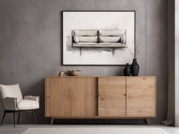 Rustic cabinet near sofa against concrete wall with art poster Modern living room Created by AI