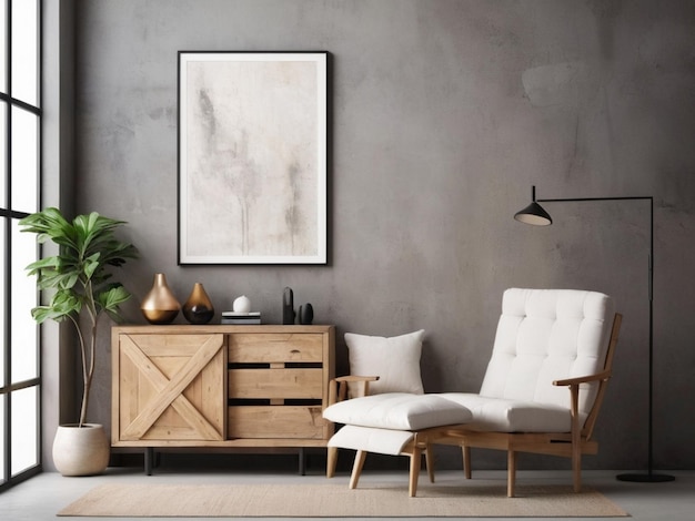 Rustic cabinet near sofa against concrete wall with art poster Modern living room Created by AI