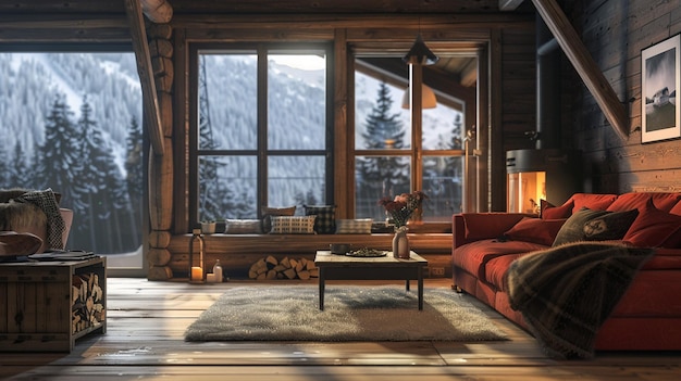 Photo rustic chalet living room with fireplace cozy interior scene