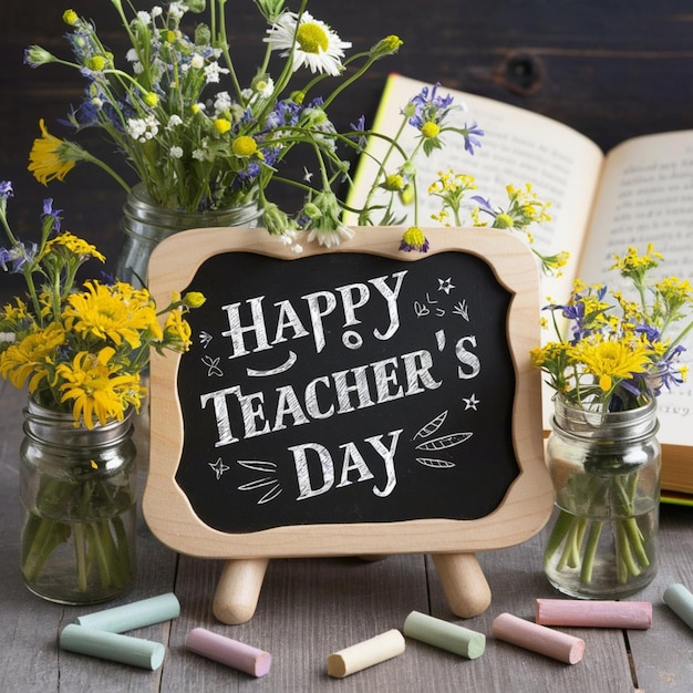 Photo rustic chalkboard teachers day poster with wildflowers and chalk 1