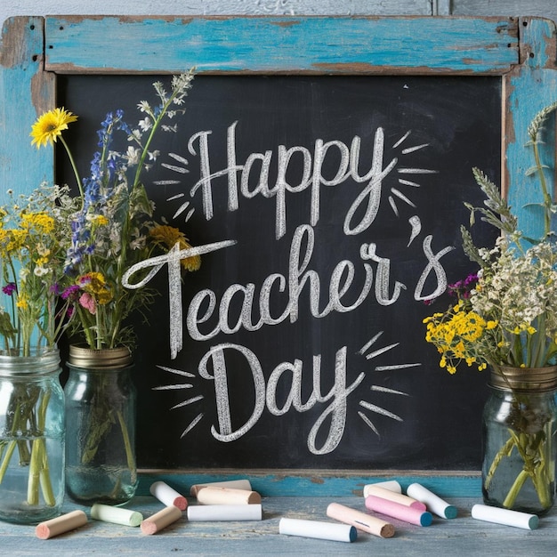 Rustic Chalkboard Teachers Day Poster with Wildflowers and Chalk 1