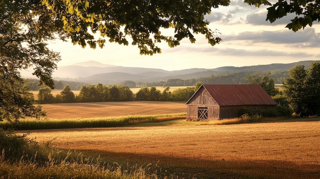 Photo rustic charm country barn amidst rolling fields and trees