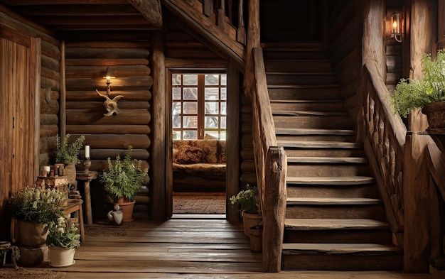 Rustic Charm House Hallway Interior with Wooden Stairs