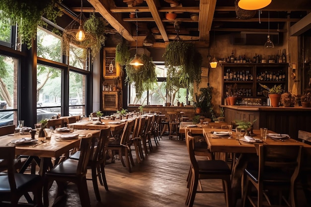 Rustic Charm Restaurant with Wooden Tables and Chairs