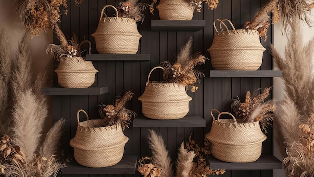 Rustic Charm A Symphony of Woven Baskets and Dried Plants on Dark Wooden Shelves