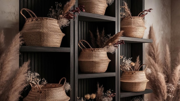 Rustic Charm A Symphony of Woven Baskets and Dried Plants on Dark Wooden Shelves