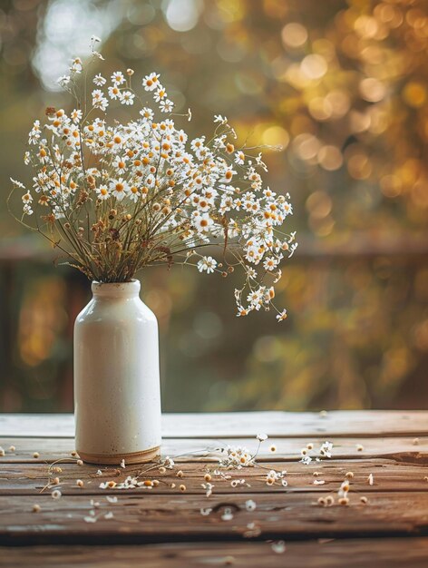 Photo rustic charm wildflowers in ceramic vase on wooden table