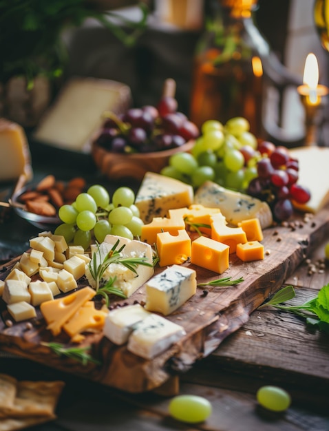 Photo rustic cheese platter with grapes nuts and fresh herbs on wooden board