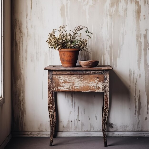 Photo rustic chiffon side table with potted plant vintage charm and distressed materials