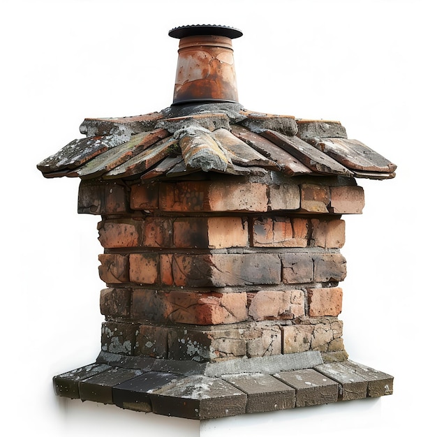 Rustic Chimney Brick Structure with Dilapidated Roof and Rusted Metal Top Standing Solitary on a White Surface