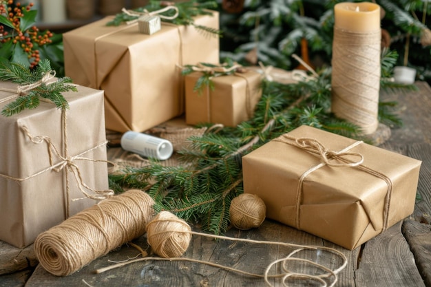 Photo rustic christmas gifts with ecofriendly wrapping natural decor and sustainable holiday ideas