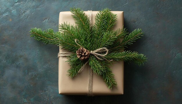 Photo a rustic christmas present wrapped in brown paper and decorated with pine branches and a pine cone