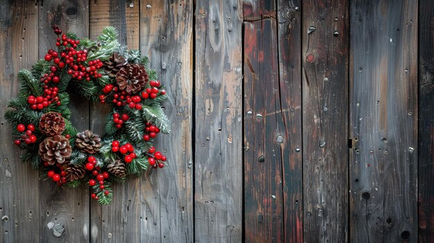 Photo rustic christmas wreath with pinecones and red berries on weathered wooden background