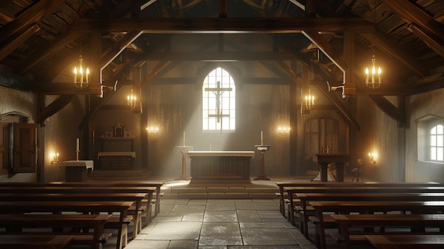 Rustic Church Interior with Wooden Beams and Pews