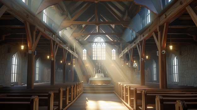 Rustic Church Interior with Wooden Beams and Sunlight Streaming Through Windows