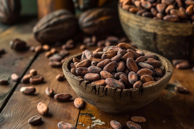 Rustic cocoa beans in wooden bowl