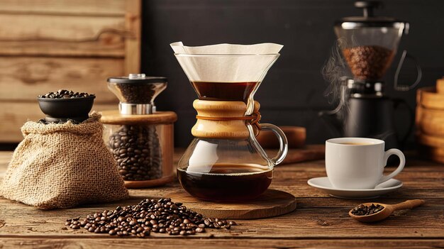 Photo a rustic coffee setup featuring brewing equipment coffee beans and a steaming cup perfect for coffee lovers