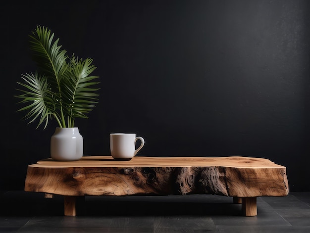 Rustic coffee table made from tree trunk near sofa against black wall with copy space