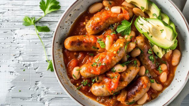 Rustic Comfort Sausages in Tomato Sauce with White Beans and Avocado