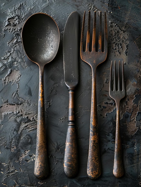 Rustic Copper Cutlery on a Dark Background