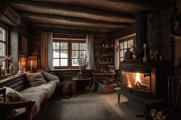 Rustic cottage with cozy fireplace and vintage decor for winter