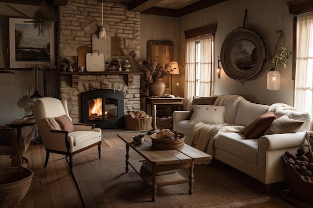 Rustic and cottagestyle living room with cozy fireplace plush sofa and vintage accessories