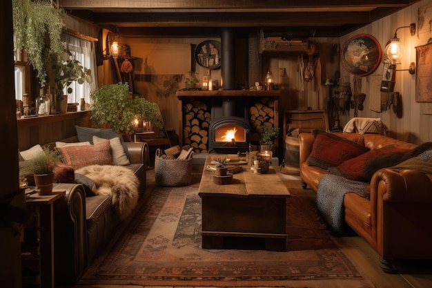 Rustic and cottagestyle living room with cozy fireplace plush sofa and vintage accessories