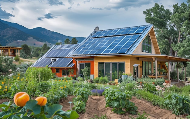 Rustic country house or farm with vegetable garden and lush greenery vegetables and harvest